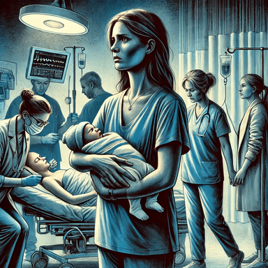 An anxious mother holding her newborn baby in a hospital setting, surrounded by medical staff preparing for a drug test during childbirth, highlighting the emotional impact on mothers and families