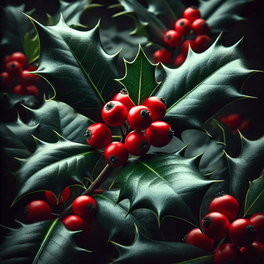 A close-up of holly (Ilex spp.) featuring glossy, dark green leaves with sharply pointed, spiky edges and clusters of smooth, vibrant red berries. The rich contrast between the bright red berries and deep green foliage makes holly a classic symbol of the holiday season. The sharp leaf texture and glossy surface are prominently displayed, highlighting its festive and ornamental appeal.