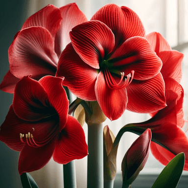 A close-up photograph of a blooming Amaryllis plant with vibrant red flowers. The large trumpet-shaped flowers have delicate, velvety petals that radiate outward, showcasing a deep red hue with subtle texture. The long, green stems are sturdy, and slender, elongated green leaves extend from the base of the plant. In the lower part of the image, a partially opened flower bud is visible, hinting at new blooms. The background is softly blurred with natural light, creating a bright and airy atmosphere, emphasizing the striking beauty of the Amaryllis, a popular holiday plant.