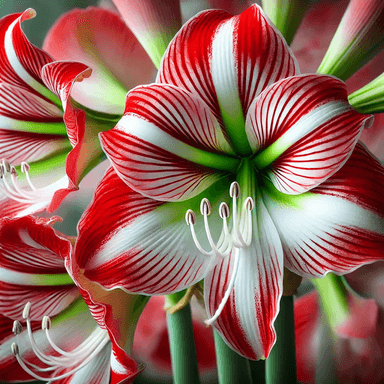  A close-up of vibrant Christmas Lily (Amaryllis) flowers with white and red-striped trumpet-shaped petals, green centers, and prominent white stamens. The intricate detailing and bright colors make the blooms striking and festive, perfect for holiday decorations.