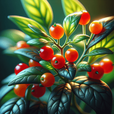 A vibrant close-up of a Jerusalem Cherry (Solanum pseudocapsicum) plant showcasing bright orange-red berries and glossy green leaves. The smooth, round berries resemble small tomatoes, contrasting with the lush, textured foliage. The leaves are deep green with prominent veins and a slightly waxy surface, illuminated by soft natural light. This ornamental plant is popular for its decorative appearance but is toxic if ingested, posing a risk to pets and humans.