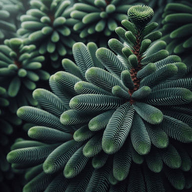 A close-up of a Norfolk Island Pine (Araucaria heterophylla) showcasing symmetrical, layered branches with soft, needle-like green leaves. The dense, vibrant foliage creates a textured, spiral pattern, giving the plant a lush and elegant appearance.