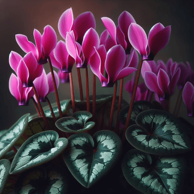 A close-up of vibrant pink Cyclamen flowers with delicate, upward-curving petals and slender stems. The heart-shaped leaves are dark green with intricate silver marbling, creating a striking contrast with the vivid blooms. The Cyclamen plant is known for its ornamental beauty, often used as a decorative indoor plant during cooler seasons.