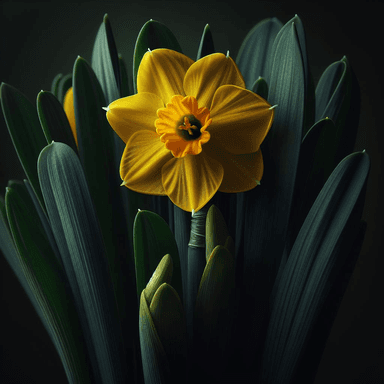 A close-up of a vibrant yellow Daffodil (Narcissus spp.) in full bloom, with delicate, trumpet-shaped petals and a deep orange center. The flower is surrounded by dark green, elongated leaves that are smooth and slightly glossy. The background is softly blurred, highlighting the intricate details and bright colors of the Daffodil, a popular springtime flower known for its cheerful appearance.