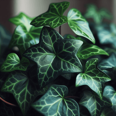 A close-up of lush English Ivy (Hedera helix) leaves showcasing their deep green color and intricate lighter green veins. The leaves are star-shaped with pointed tips and a glossy texture, creating a vibrant and natural appearance. The background is softly blurred, enhancing the detailed patterns of the foliage.