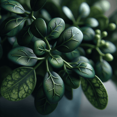 A close-up of real mistletoe (Viscum album) showcasing smooth, oval-shaped green leaves with prominent light green veins. The leaves have a leathery texture and are clustered together on slender stems. Small, round, immature berry buds are visible, hinting at the plant's signature white berries when mature. The softly blurred background highlights the intricate details of the foliage, creating a natural and festive appearance. Mistletoe is commonly associated with holiday decorations and traditions.