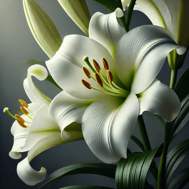 A close-up of Lilium longiflorum, also known as the Easter Lily, featuring pristine white trumpet-shaped flowers with gently curved petals and a soft green center. Prominent yellow stamens with pollen-covered anthers extend from the center, complemented by deep green leaves. The softly blurred background highlights the delicate and elegant beauty of the Easter Lily, a symbol of purity and rebirth.