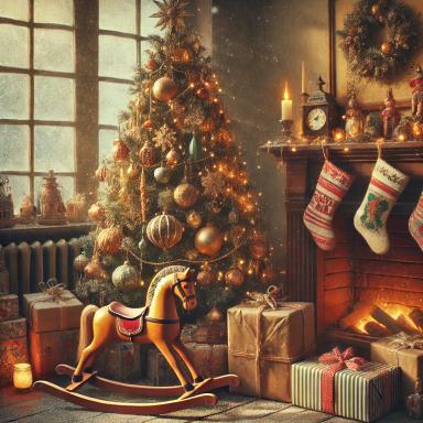 Vintage holiday decorations in a cozy room featuring a retro Christmas tree adorned with glass baubles, tinsel, and string lights, surrounded by wrapped gifts, a wooden rocking horse, and a fireplace with hanging stockings, creating a nostalgic and warm festive atmosphere