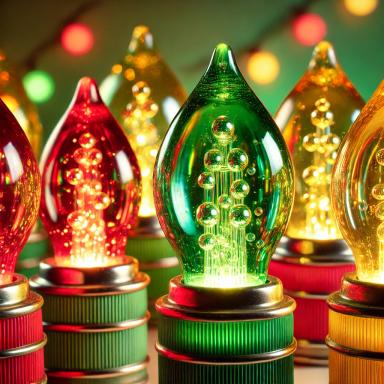 Close-up of colorful vintage bubble lights with glowing liquid-filled tubes and vibrant bases in red, green, and yellow, creating a nostalgic holiday atmosphere