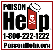 Poison Help logo featuring a red pill bottle with a skull and crossbones icon, accompanied by the national hotline number 1-800-222-1222 and the website PoisonHelp.org.