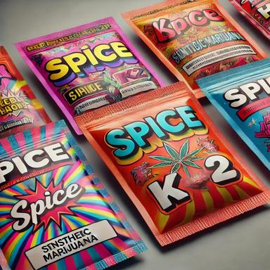 Colorful packaging of synthetic marijuana products, including popular brands like Spice and K2, showcasing flashy branding and vibrant designs, often used to market these controversial products