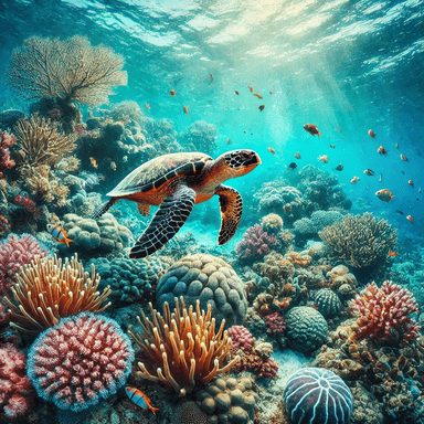 A hawksbill sea turtle glides through a vibrant coral reef ecosystem, surrounded by colorful corals, small fish, and marine plants. The clear water sparkles with sunlight, creating a tranquil underwater environment that subtly hints at the potential presence of natural marine toxins, like toxic corals or organisms, in the ecosystem.