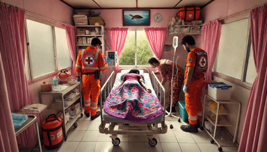 A small medical facility showing a woman on a hospital bed, covered with a colorful floral blanket, appearing unwell with an IV drip in her arm. Rescue personnel in bright orange uniforms with patches and others in casual clothing are present, assisting or observing. The room is modest, with pink curtains, shelves stocked with medical supplies, and basic equipment including a stethoscope and documents on the bed. A sea turtle image is displayed on the wall, adding a symbolic and calming element to the tense, emergency-focused environment.