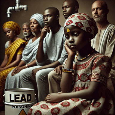 
A concerned group of African individuals, including a young African girl in the foreground wearing a patterned dress and headscarf, sitting in a somber mood. The image highlights their worry about the effects of lead poisoning, with visual cues like a labeled lead paint can and corroded pipes in the background. The setting is simple and modest, emphasizing environmental and health challenges. This thought-provoking scene symbolizes the impact of lead exposure on communities, conveying a reflective and serious tone. Perfect for topics related to environmental health, toxicology, and lead poisoning awareness.