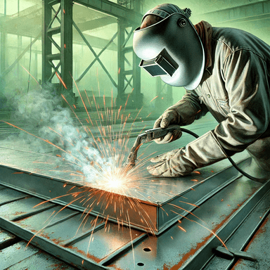 A person wearing a welding helmet and protective gear is seen working on a galvanized metal structure. The individual is using a tool to cut or weld the metal, producing visible sparks and fumes in the process. The surrounding area shows a metallic surface and a greenish background, possibly indicating an outdoor or industrial setting near a body of water. The image highlights a scenario where exposure to zinc fumes could occur, emphasizing the importance of safety measures to prevent galvanized poisoning or metal fume fever.