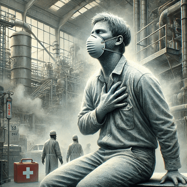 Medical illustration of a factory worker experiencing severe symptoms of Zinc Fume Fever, showing pale skin, profuse sweating, and fatigue. The worker is seated, holding their chest in discomfort, with industrial equipment and a hazy environment in the background, highlighting exposure to toxic metal fumes