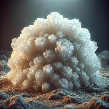 Translucent natural gypsum formation with crystalline structure and layered patterns, glowing softly under ambient light in a serene desert-like setting with sandy soil