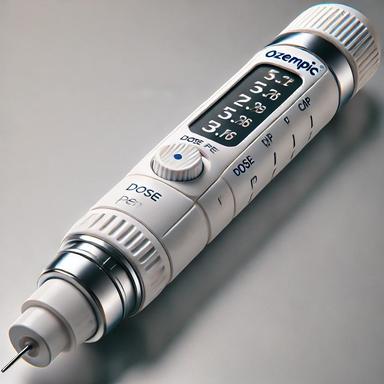 An Ozempic pen in a clean, clinical setting. The pen's design is highlighted, showing features such as the dose dial, cap, and needle, placed against a neutral background for clarity and focus on the device's functionality