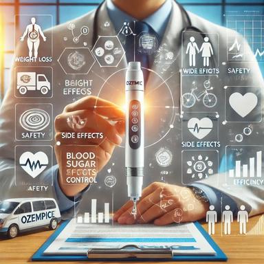 Doctor holding an Ozempic (Semaglutide) injection pen in a clinical setting, surrounded by visuals explaining FAQs about safety, side effects, and benefits, including charts on weight loss and blood sugar control