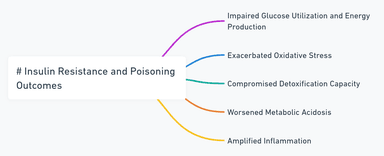 Mind map illustrating the effects of insulin resistance on poisoning outcomes, highlighting key factors such as impaired glucose utilization, exacerbated oxidative stress, compromised detoxification capacity, worsened metabolic acidosis, and amplified inflammation.