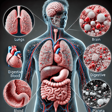 A digital illustration showing microplastic particles accumulating in different human organs (lungs, brain, digestive system, blood, and placenta)