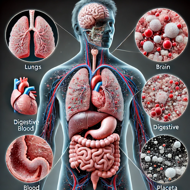 A digital illustration showing microplastic particles accumulating in different human organs (lungs, brain, digestive system, blood, and placenta)