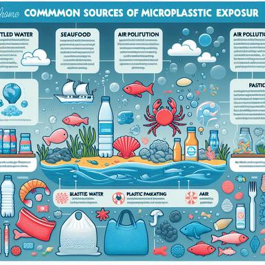 Infographic illustrating common sources of microplastic exposure, including bottled water, seafood, air pollution, plastic packaging, and synthetic fabrics