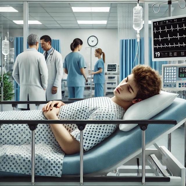 Emergency room scene of a 19-year-old male patient after accidental nutmeg ingestion. The patient appears drowsy and confused, with medical staff monitoring his vital signs. The hospital setting includes medical equipment such as heart rate monitors and IV drips, emphasizing urgent medical care