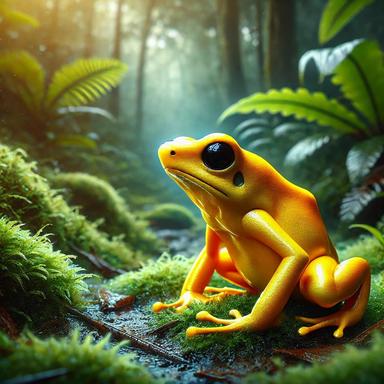 Highly detailed illustration of Phyllobates terribilis, also known as the golden poison dart frog, featuring its vibrant golden-yellow skin on a lush rainforest floor with green moss and fallen leaves