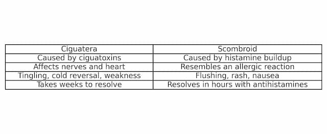 Comparison table of Ciguatera and Scombroid fish poisoning. Ciguatera is caused by ciguatoxins, affects the nerves and heart, and presents with tingling, cold reversal, and weakness, taking weeks to resolve. Scombroid is caused by histamine buildup, resembles an allergic reaction, and presents with flushing, rash, and nausea, resolving in hours with antihistamines