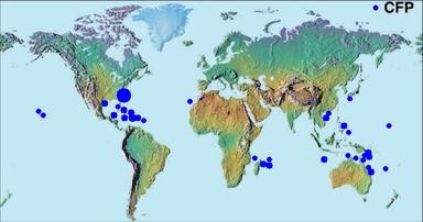 Global distribution map of Ciguatera Fish Poisoning (CFP) outbreaks, highlighting high-risk tropical and subtropical regions such as the Caribbean, Pacific Islands, Indian Ocean, and parts of Southeast Asia with blue markers