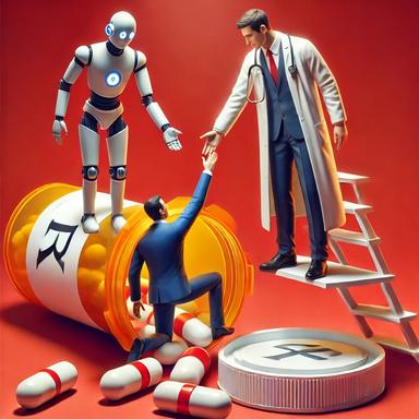 Illustration of a doctor and AI technology working together to help a businessman climb out of a large prescription pill bottle filled with capsules, symbolizing addiction recovery, medical intervention, and substance abuse treatment. The doctor stands on a giant pill, extending a helping hand, while AI technology assists in the process, representing the integration of healthcare professionals and artificial intelligence in combating medication dependence and prescription drug addiction. The red background emphasizes urgency and the growing medical crisis surrounding pharmaceutical misuse.