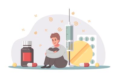 Illustration of opioid addiction and fentanyl crisis, depicting a distressed person surrounded by pills, a syringe, and medication bottles. Symbolizing the growing threat of fentanyl in the opioid epidemic.