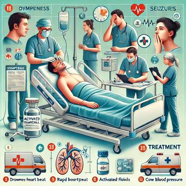 Medical illustration of Seroquel (quetiapine) exposure symptoms and treatment, including drowsiness, confusion, rapid heartbeat, seizures, and hospital interventions like IV fluids and oxygen support