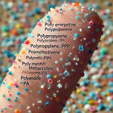 Close-up of a human fingertip covered with tiny microplastic particles labeled with their polymer types: polyethylene (PE), polypropylene (PP), polymethyl methacrylate (PMMA), and polyamide (PA). The image highlights the invisible yet widespread contamination of microplastics in daily life, raising concerns about their impact on human health and the environment