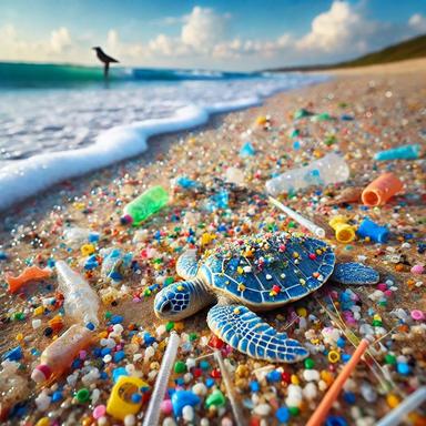 A polluted beach covered in colorful microplastics, with a struggling sea turtle entangled in plastic debris. The image highlights the devastating impact of plastic pollution on marine life and the environment.