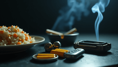 Cadmium exposure risks: A plate of food near smoking cigarettes, batteries, and metallic objects, highlighting potential cadmium contamination sources in food, smoking, and industrial products