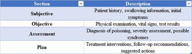SOAP note structure table for toxicology documentation showing Subjective, Objective, Assessment, and Plan sections with clinical descriptions for each