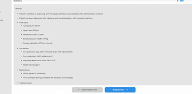 Screenshot of MedSpeech AI-generated clinical summary showing catatonia diagnosis, vital signs, lab abnormalities, and medication response to Ativan in a toxicology consultation