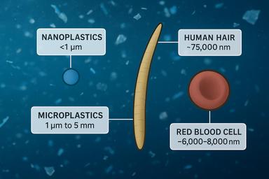 Scale comparison of nanoplastics and microplastics alongside a human hair and red blood cell, illustrating the microscopic size of nanoplastics and their potential to penetrate biological barriers.