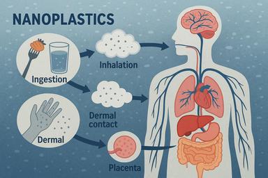 Infographic showing pathways of nanoplastic exposure in humans, including ingestion, inhalation, and bloodstream distribution to the brain, lungs, placenta, and other organs