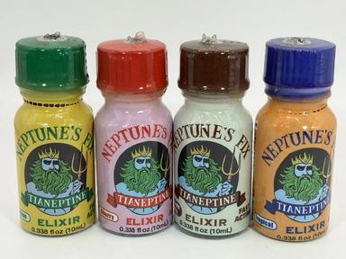 Neptune’s Fix Tianeptine Elixir bottles in assorted flavors—unregulated supplement tied to rising addiction, overdose, and withdrawal cases in the U.S