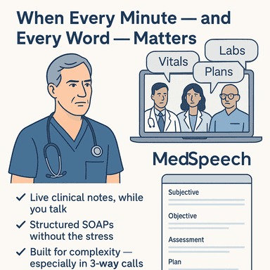 Infographic showing MedSpeech AI generating real-time SOAP notes during 3-way clinical calls between poison specialists, ED physicians, and toxicologists