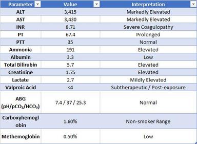 Lab results auto-extracted by MedSpeech voice-to-text clinical tool showing markedly elevated liver enzymes (ALT 3415, AST 3430), severe coagulopathy (INR 8.71, PT 67.4), elevated ammonia (191), and elevated total bilirubin (5.7), indicating potential acute liver injury and hyperammonemia. Additional findings include elevated creatinine, lactate, low albumin, normal ABG, low methemoglobin, and subtherapeutic valproic acid level. Ideal for toxicology case documentation and SOAP note generation.