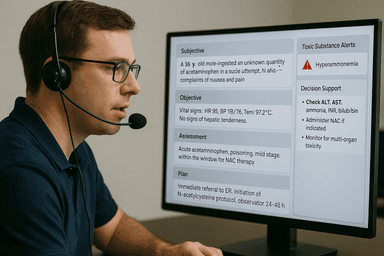 A poison control specialist, wearing a headset, speaks into a microphone while monitoring a live, AI-generated transcript on a computer screen. The display shows structured SOAP note fields auto-filled by speech-to-text software, highlighting lab values and treatment plans. A sidebar displays toxic substance alerts and decision support recommendations, illustrating real-time AI integration in a clinical toxicology setting.