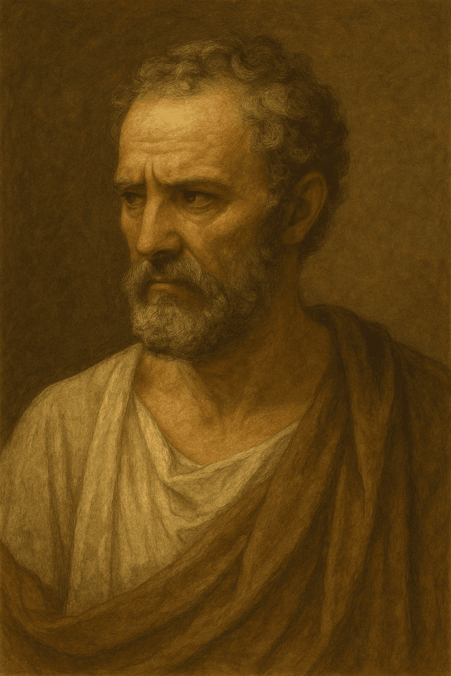 Realistic oil painting of Demosthenes, the ancient Greek orator, who died by confirmed self-poisoning in 322 BCE
