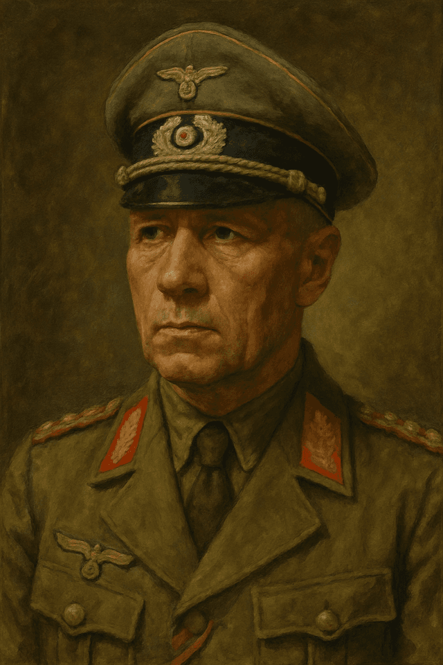 Oil painting of Erwin Rommel, German Field Marshal of World War II, who died by forced suicide with poison in 1944 after being implicated in a plot against Hitler.