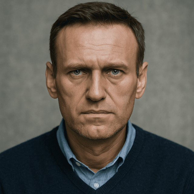 Close-up portrait of Alexei Navalny, Russian opposition leader and poisoning survivor, wearing a dark sweater against a neutral background.