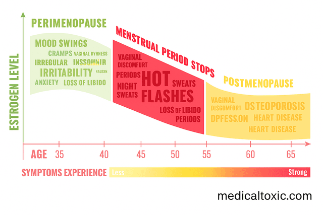 Infographic chart showing the decline in estrogen levels and progression of symptoms across three menopause stages: perimenopause, menopause (when menstrual periods stop), and postmenopause. The X-axis represents age from 35 to 70 years, while the Y-axis represents estrogen levels. Perimenopause is associated with symptoms like mood swings, cramps, insomnia, weight gain, irritability, and anxiety. The menopausal stage shows more intense symptoms, including hot flashes, night sweats, loss of libido, and irregular periods. In postmenopause, estrogen levels stabilize at a low level, and symptoms include osteoporosis, urinary infections, heart disease, and increased risk of breast cancer. A color gradient from green to red indicates symptom severity, increasing with age and hormonal decline. The website 'medicaltoxic.com' is written at the bottom of the image