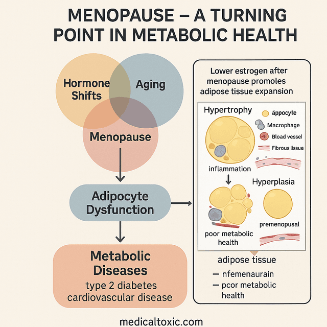 Educational infographic titled “Menopause – A Turning Point in Metabolic Health.” The image features three overlapping circles labeled “Hormone Shifts,” “Aging,” and “Lifestyle Changes,” all intersecting at the central concept of “Menopause.” An arrow from “Menopause” leads to “Adipocyte Dysfunction,” which further points to “Metabolic Diseases” such as type 2 diabetes and cardiovascular disease. A scientific inset diagram illustrates how lower estrogen levels after menopause contribute to adipose tissue expansion. It contrasts hypertrophy—enlarged fat cells associated with inflammation and poor metabolic health—with hyperplasia, which involves smaller, more numerous fat cells in estrogen-rich premenopausal conditions. Cellular elements like adipocytes, macrophages, blood vessels, and fibrous tissue are depicted. The visual highlights the link between menopausal hormone shifts and metabolic dysfunction. The website medicaltoxic.com is noted beneath the graphic.